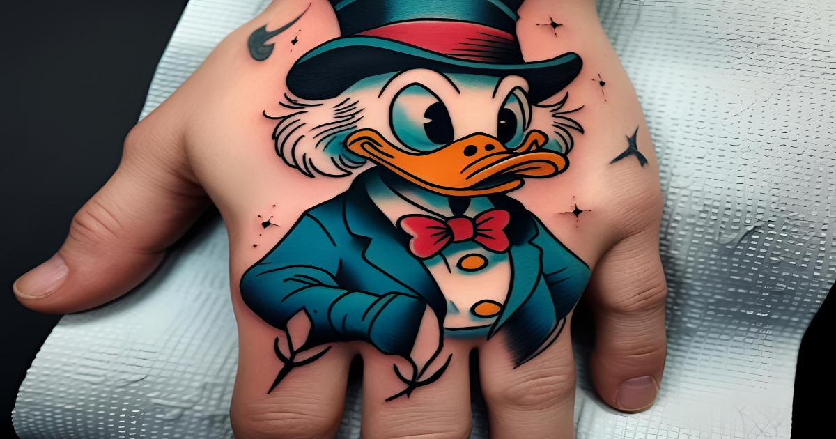 Tatuagem tio patinhas na mão representando riqueza e ambição com detalhes realistas