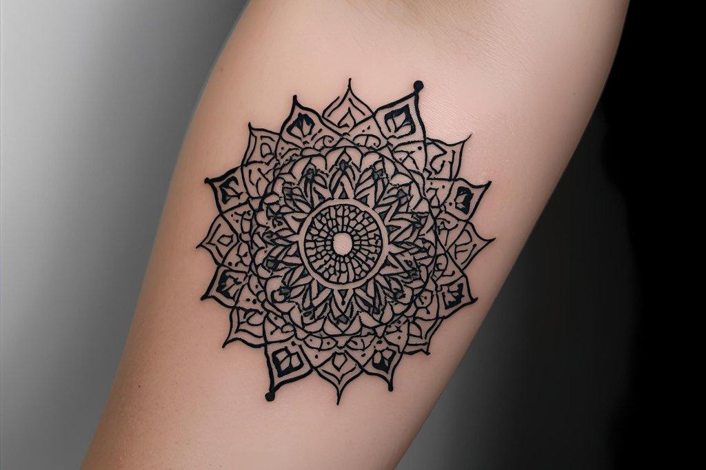 Uma tatuagem de mandala detalhada no antebraço, em preto e cinza.