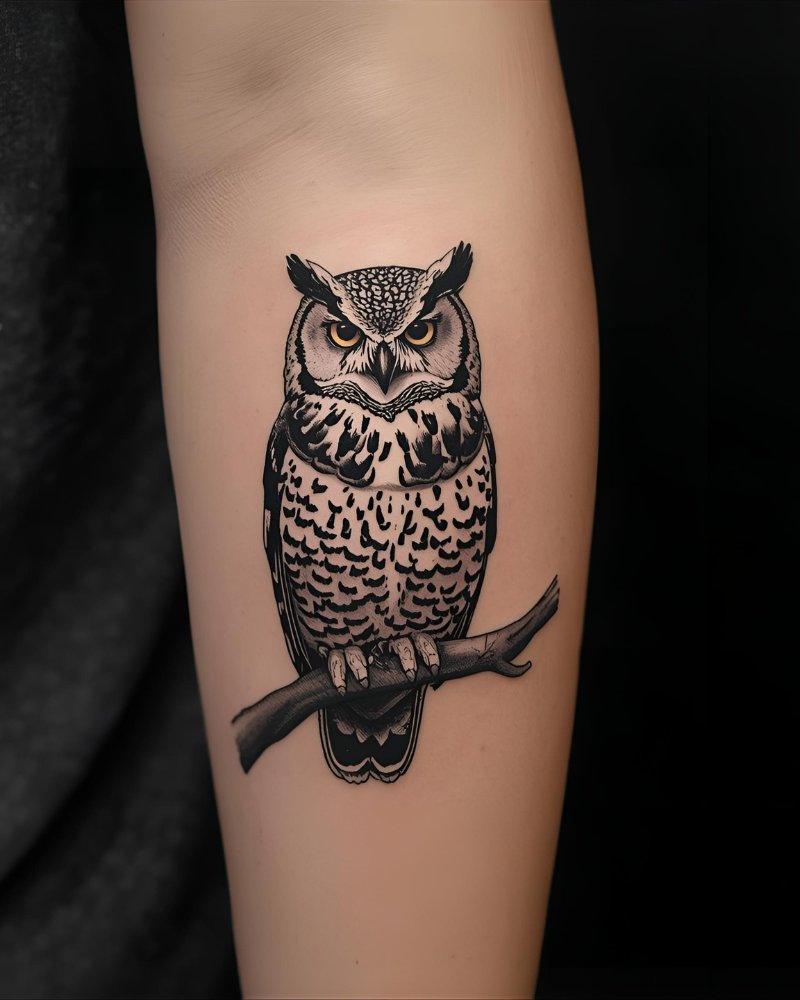 Tatuagem pequena masculina com significado de coruja, simbolizando conhecimento.