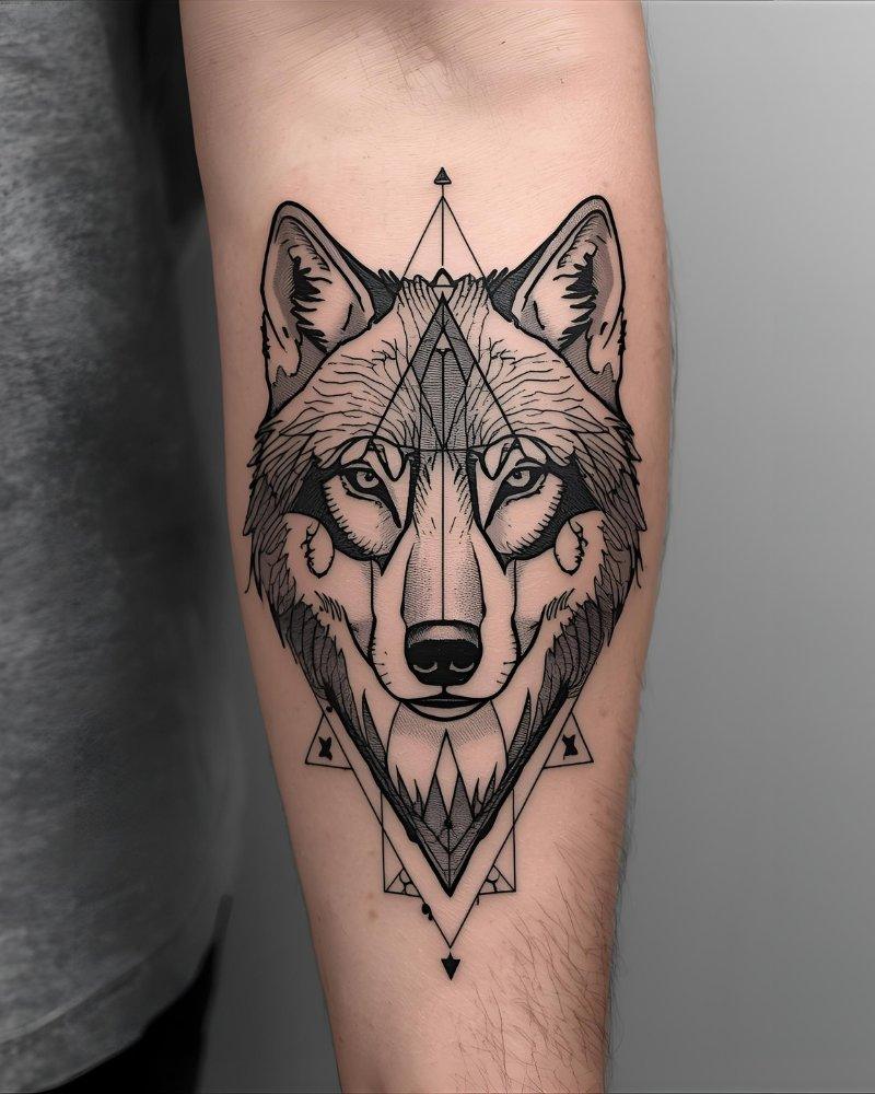 Tatuagem pequena masculina com significado de lobo geométrico, uma peça moderna.