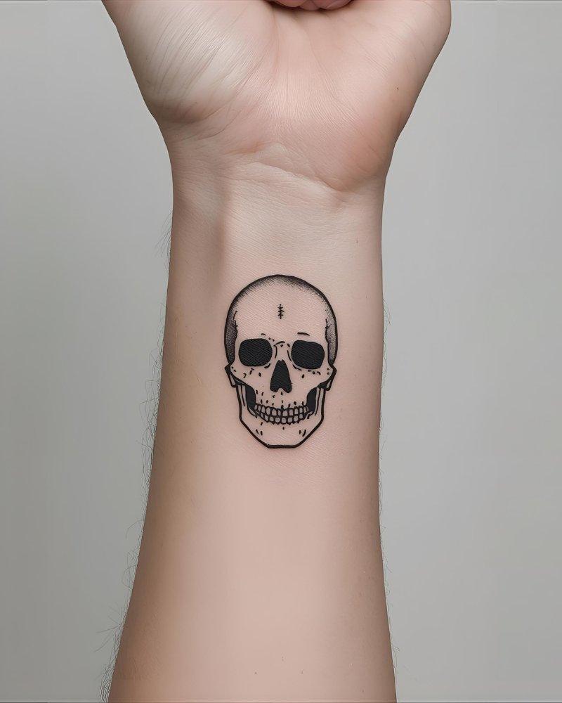 Tatuagem pequena masculina com significado de caveira minimalista.