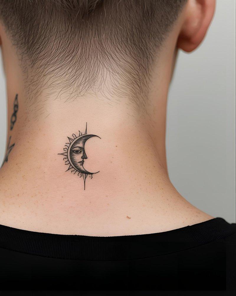 Tatuagem pequena masculina com significado de sol e lua, representando dualidade.