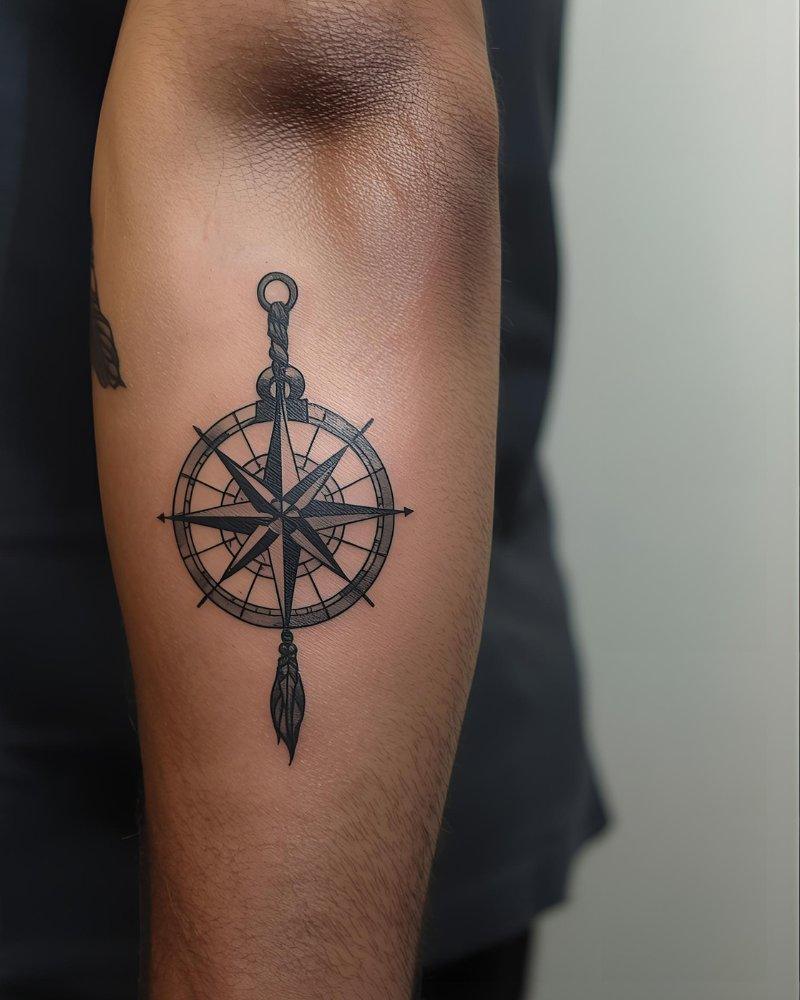 Tatuagem pequena masculina com significado de bússola, simbolizando orientação.